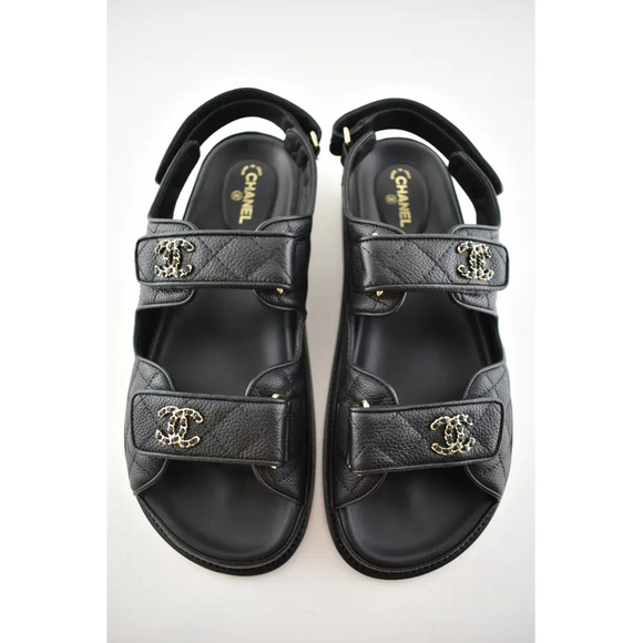 Chanel REV Black Caviar Gold CC Logo Mule Slide Strap Flat Teva Dad Sandal 39 - Picture 8 of 12